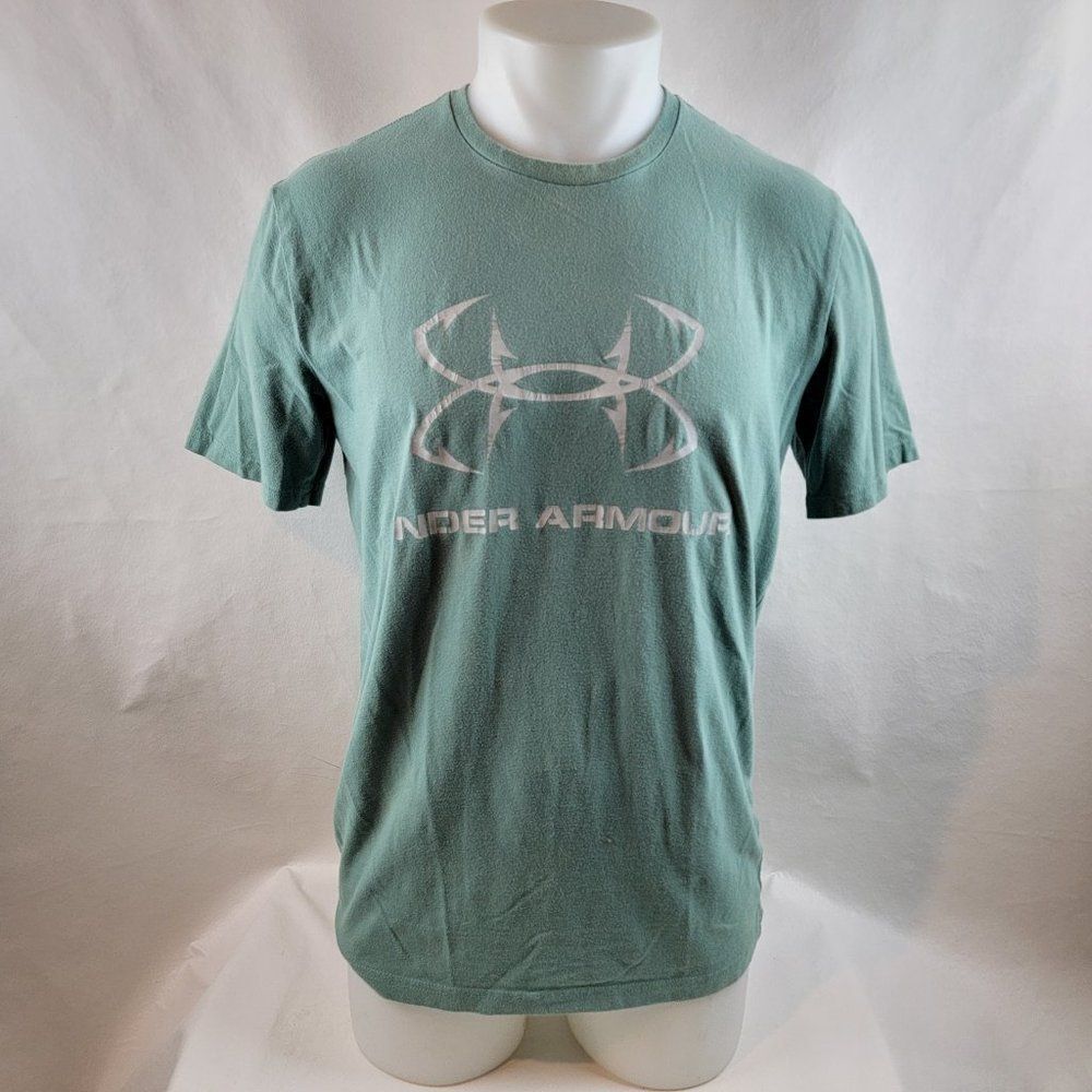 Under Armour T Shirt Mens Small Green Graphic Tee Fishing Hooks heatgear loose